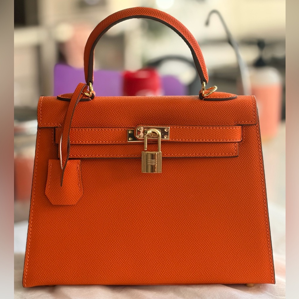 Orange Leather Top-Handle Satchel with Gold Hardware - Picture 4 of 13